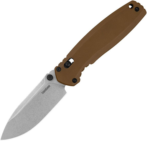 Kershaw 2052 Broadside DuraLock KVT Folding Knife - 3.5" D2 Stonewashed Spear Point Blade, Tan G10 Handles, Reversible Clip
